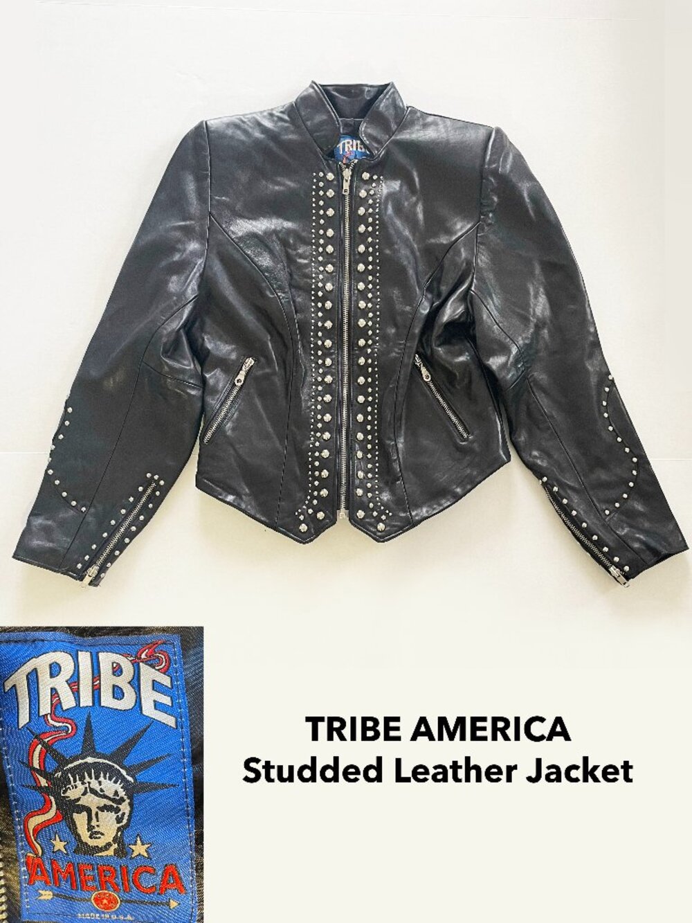 Tribe America Black Women's Leather Zip Long Sleeve Studded Biker Jacket Size 6